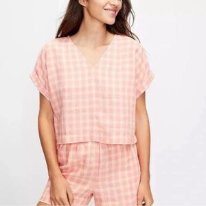 Lou & Grey Peach and Cream Gingham Check Print linen short set size xs/s